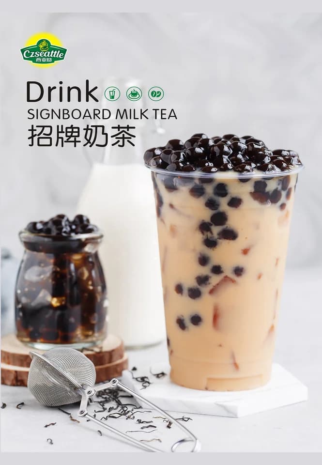 Original pearl milk tea promotional image with advertising text, a milk bottle and a jar of pearls