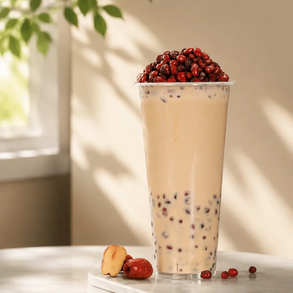 Enhanced red bean milk topped with beans beside dates in a warm window-side setting